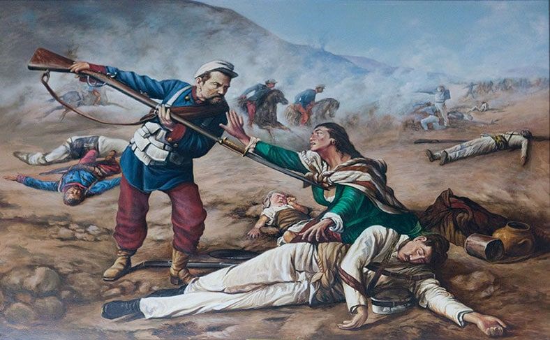Óleo 'El Repase' del pintor español Ramón Muñiz, 1888 - Representa el repase chileno a un soldado peruano siendo socorrido por una rabona