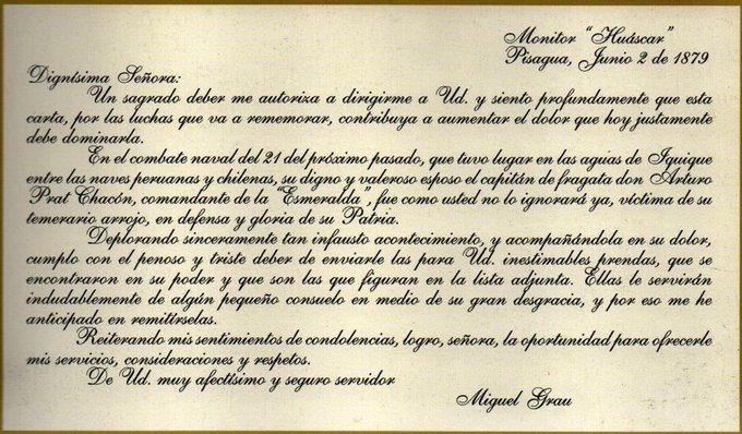 Imagen de la carta conmovedora que Miguel Grau escribió a Carmela Carvajal, viuda de Arturo Prat, caído en el combate de Iquique el 21 de mayo de 1879