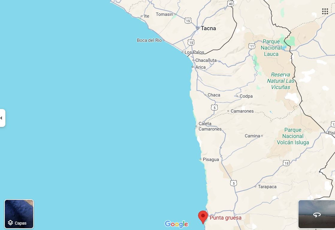 Mapa de Punta Gruesa en la costa de Chile, lugar donde se desarrolló el histórico combate naval entre la Independencia y la Covadonga