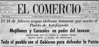 Portada del periódico El Comercio del 28 de febrero de 1879 denunciando la invasión chilena