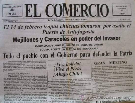 Contenido del periódico El Comercio del 28 de febrero de 1879 con detalles de la invasión