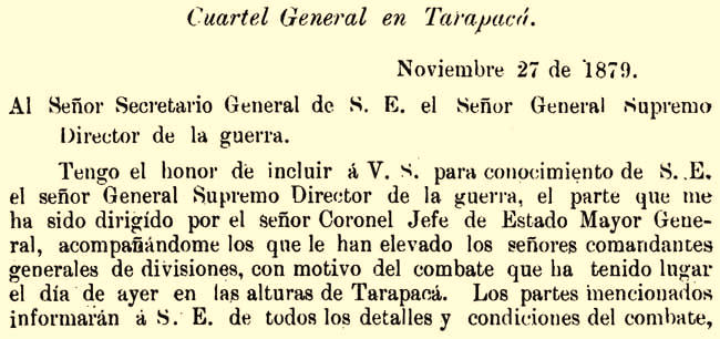 Primera página del parte oficial del General Juan Buendía sobre la Batalla de Tarapacá