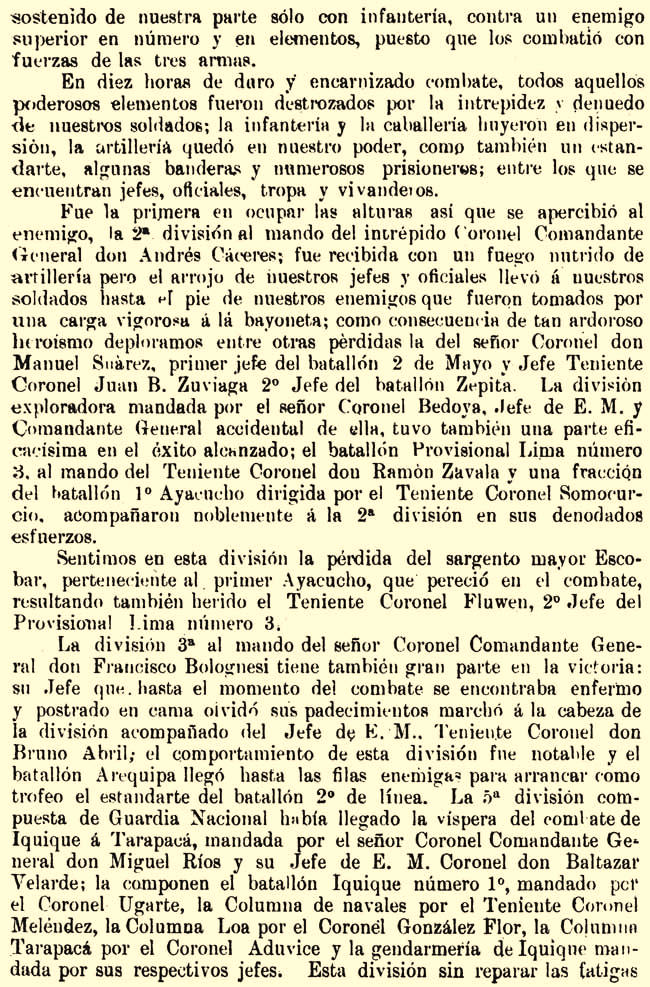 Segunda página del parte oficial del General Juan Buendía sobre la Batalla de Tarapacá