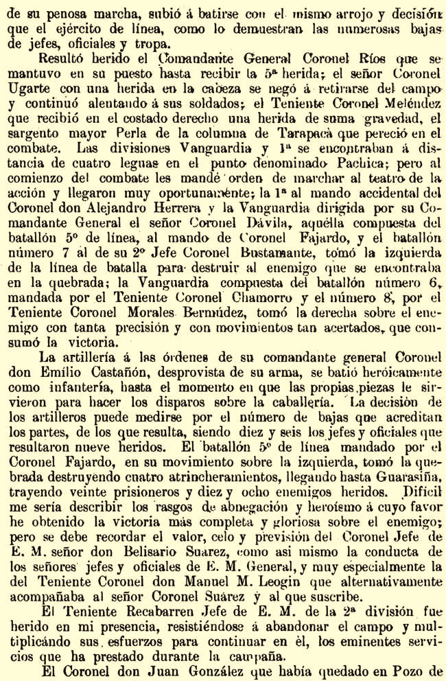 Tercera página del parte oficial del General Juan Buendía sobre la Batalla de Tarapacá
