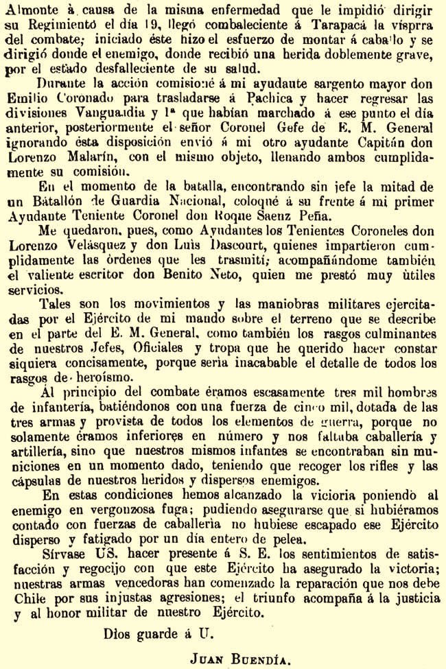 Cuarta página del parte oficial del General Juan Buendía sobre la Batalla de Tarapacá
