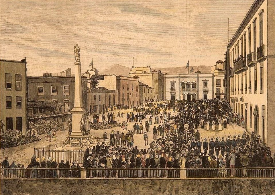 Funerales del vicealmirante Patricio Lynch en Tenerife, España, donde falleció durante su viaje de regreso a Chile