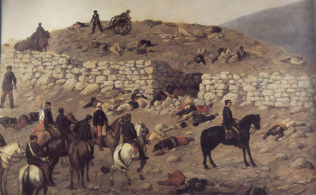 El alto mando chileno revisa restos de las defensas peruanas en el Abra de San Juan durante la campaña de Lima