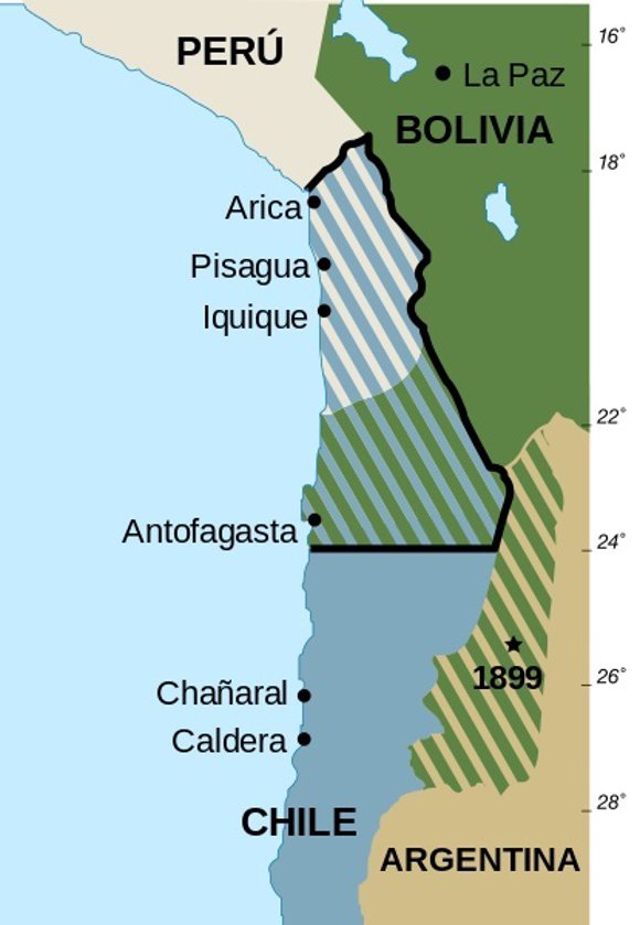 Mapa del territorio en disputa entre Bolivia y Chile en 1879, mostrando la región de Antofagasta y el desierto de Atacama