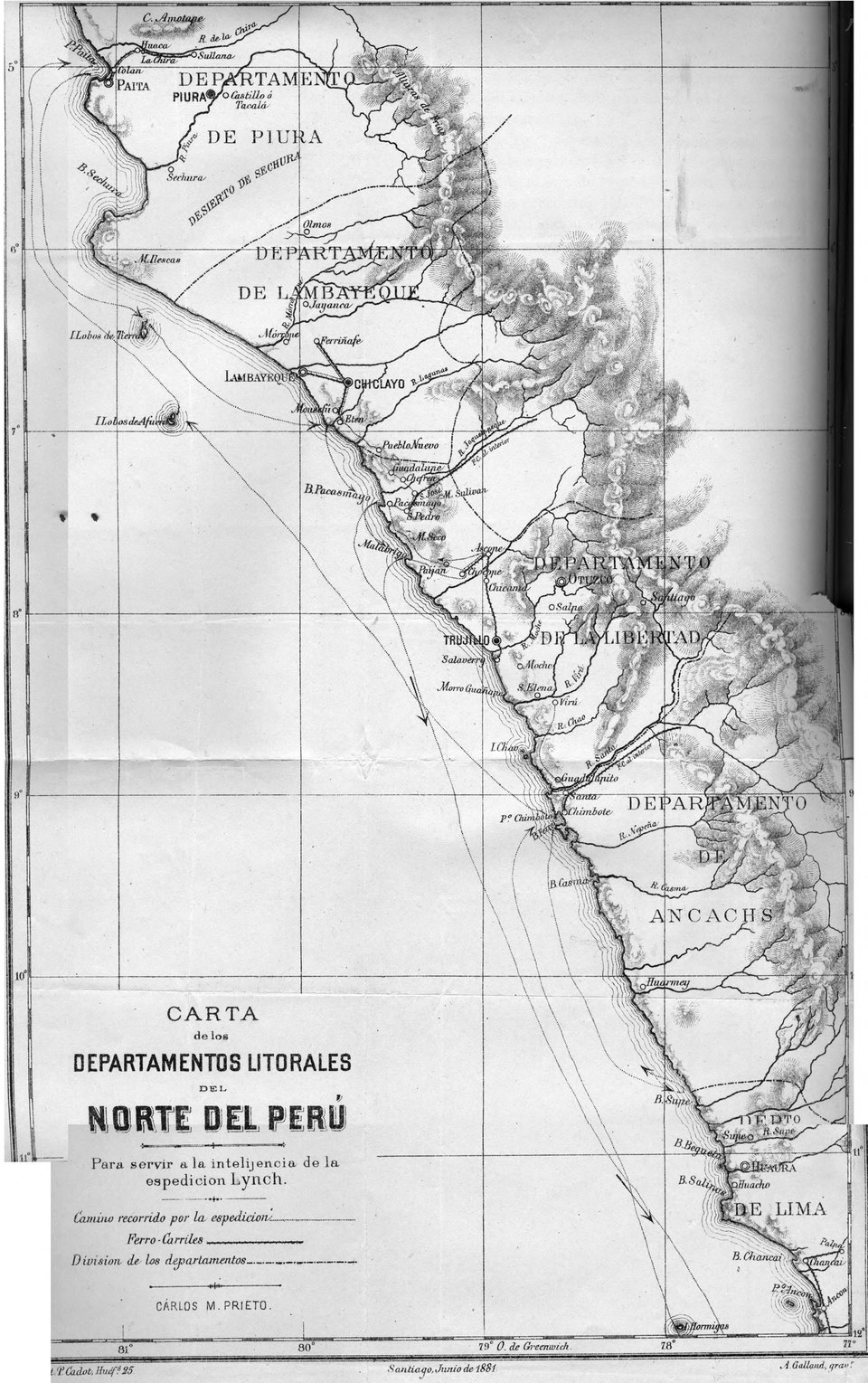 Mapa de las zonas que abarcó la expedición de Patricio Lynch en el norte del Perú durante la Guerra del Pacífico