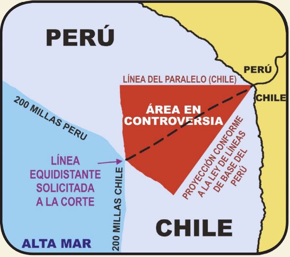 Mapa del fallo de La Haya 2014 mostrando la línea equidistante del límite marítimo entre Perú y Chile