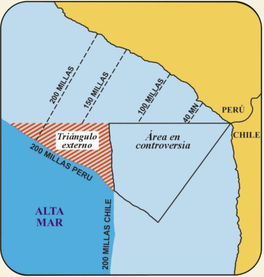 Mapa del triángulo terrestre en disputa entre Perú y Chile, área de 37,610 m² en la frontera marítima