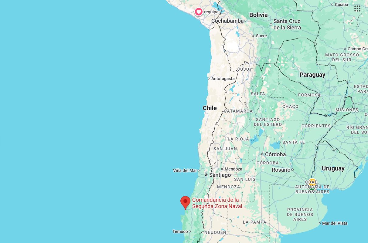 Mapa de Sudamérica mostrando la ubicación de Talcahuano, Chile