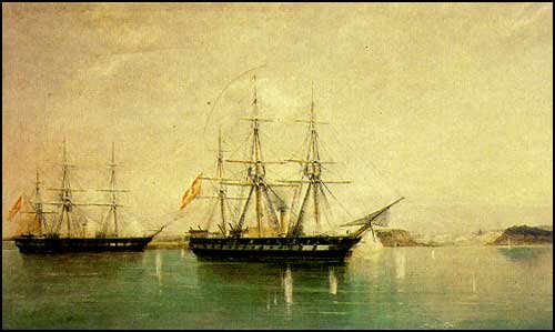 Fragatas Blanca y Villa de Madrid durante el combate naval de Abtao en 1866