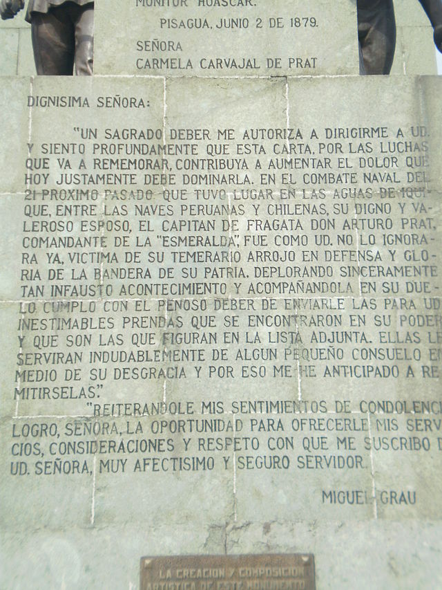Carta de Grau a la viuda de Prat en monumento chileno