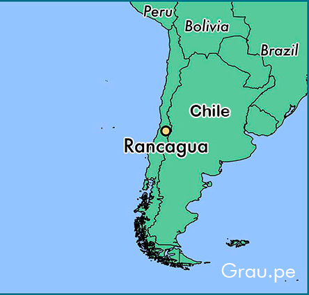 Mapa de ubicación de Rancagua, ciudad central de Chile al sur de Santiago, donde estuvo prisionero Francisco García Calderón durante la Guerra del Pacífico